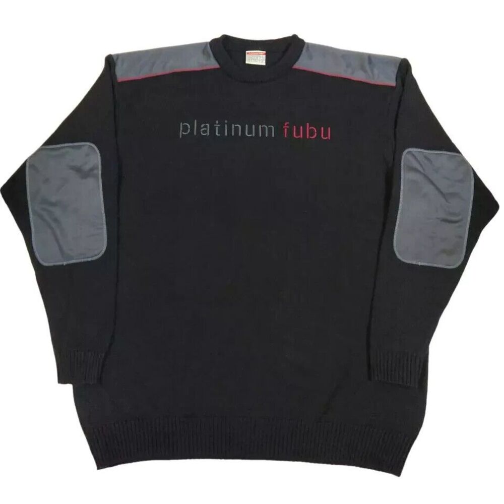 Vintage Fubu Platinum Sweater Black Acrylic Elbow Patches Pullover Size 2XL